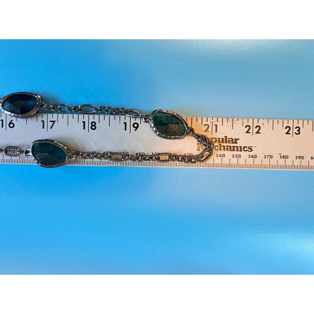 Chico's Long Station Necklace Women OS Teal Blue Gunmetal Good Faceted Resin